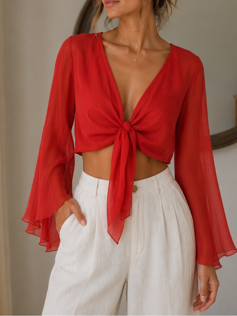 Alice + Olivia red silk plunge-neck tie-front crop top with sheer bell sleeves